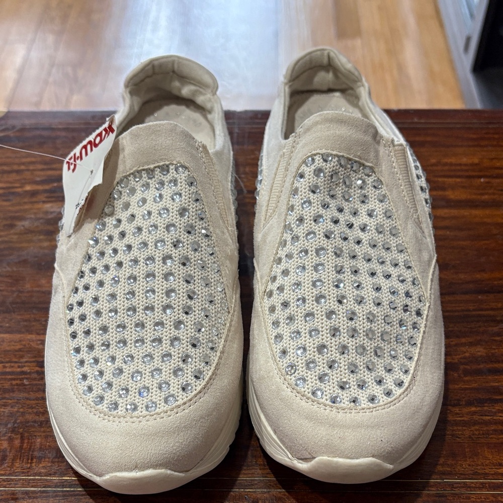 Beige Slip-On Sneakers with Rhinestones